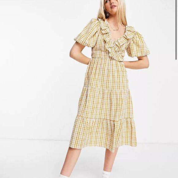 Miss Selfridge Ruffle Wrap Midi in Orche Check Size US 6 - Picture 4 of 6